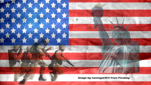 american flag with soldiers and statue of liberty superimposed