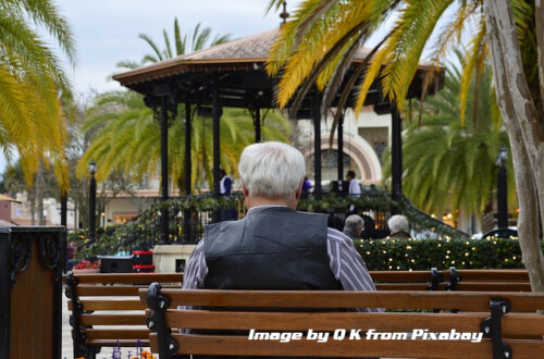 elderly man sitting on park bench