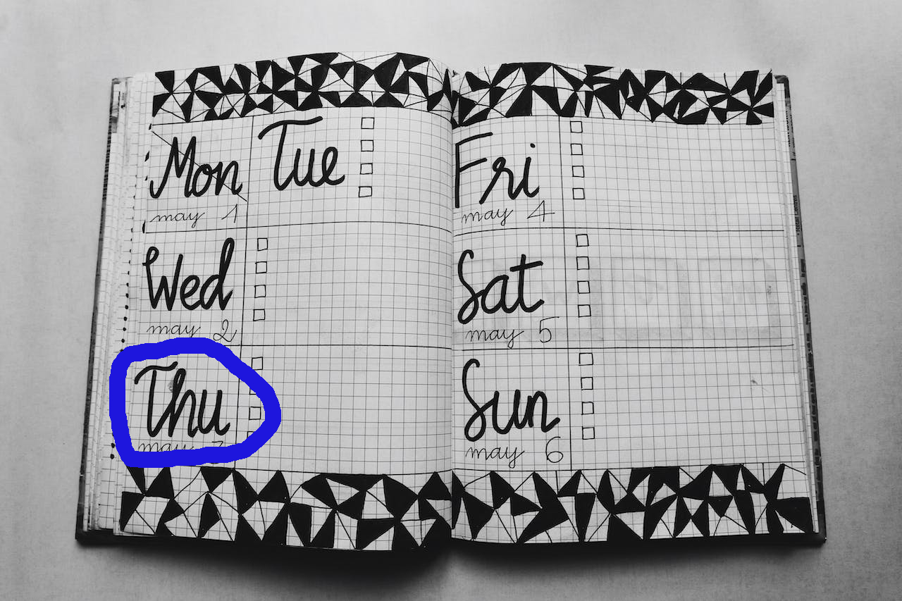 notebook with days of week